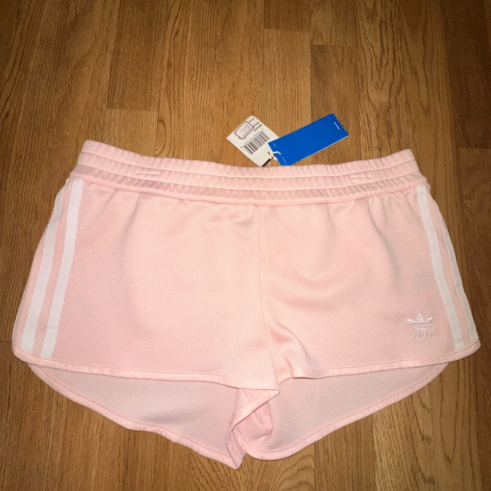 adidas Women’s Light Pink Athletic Shorts with White Stripes